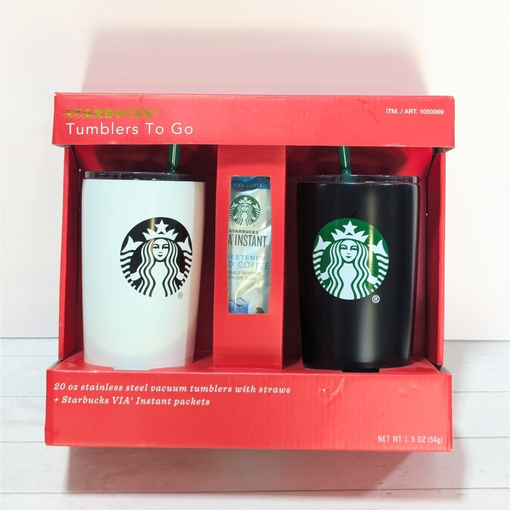 Starbucks Tumbler Set of 2 Black White 20 oz   Stainless w/Straws & VIA Samples